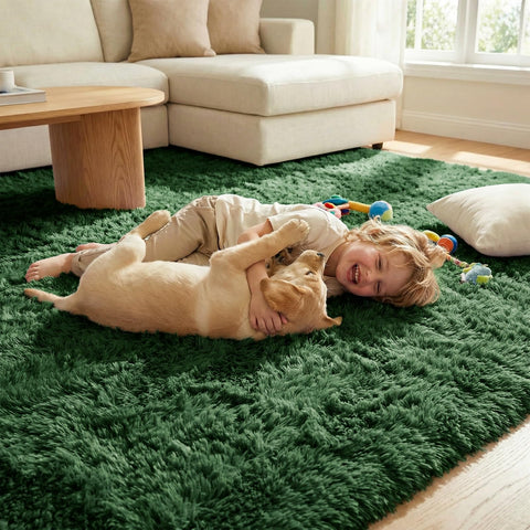 DweIke soft velvet forest green rug enhances living room comfort.