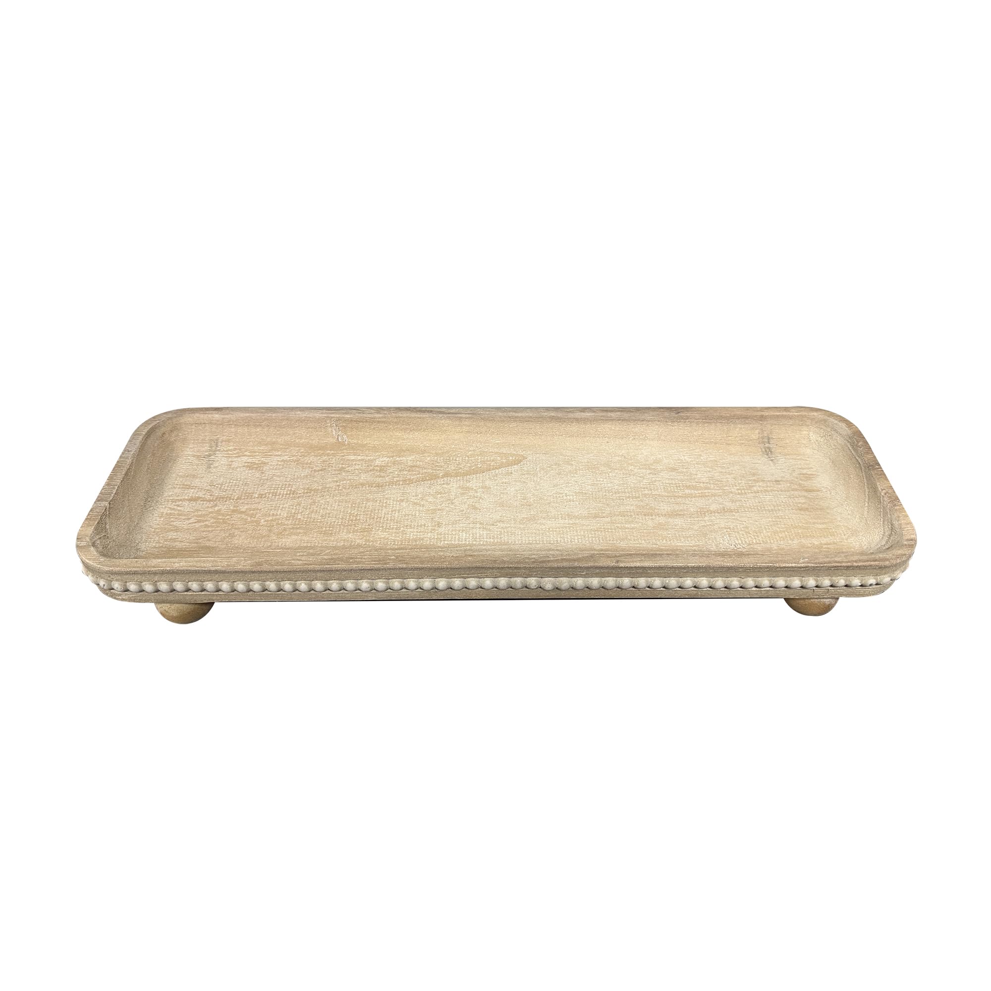 Dwellington oval wooden decorative tray white wash candles display on a coffee table.