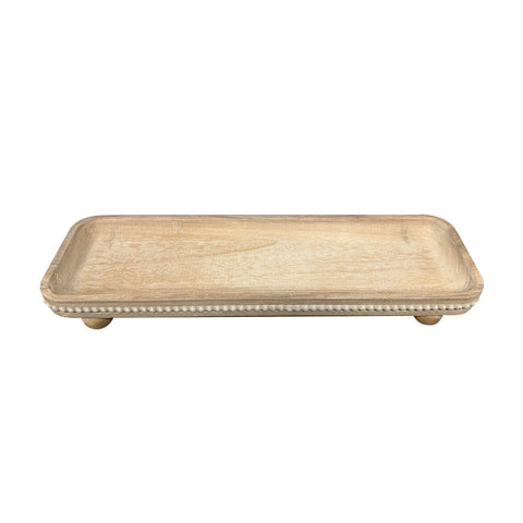 Dwellington oval wooden decorative tray white wash candles display on a coffee table.