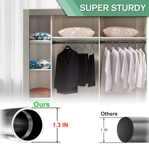 DwelSpire closet rod 1.3-inch diameter highlights heavy-load capacity for bulky garments.