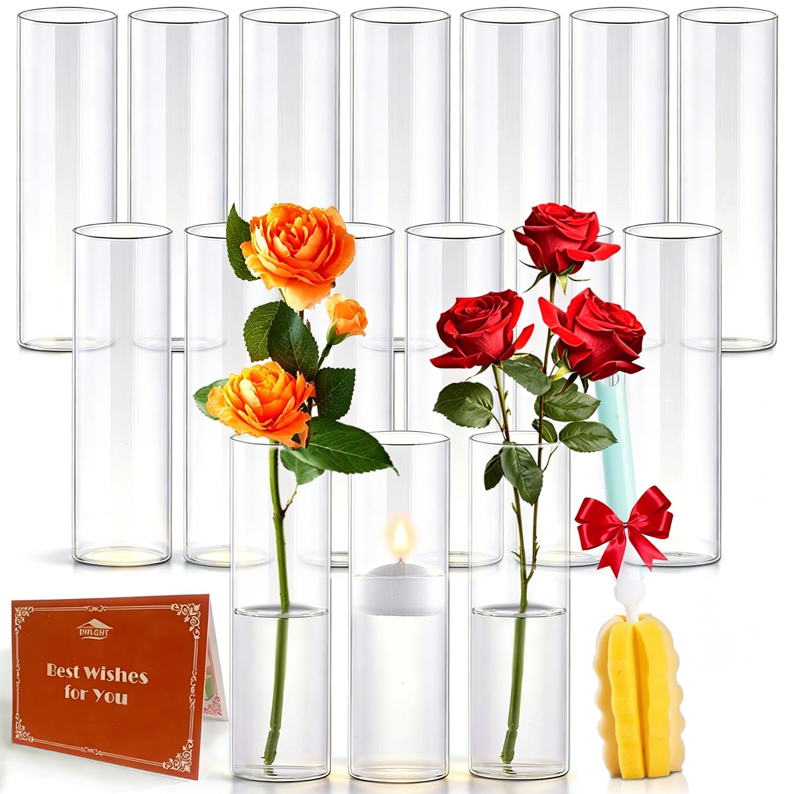 DWLGHT 16 piece glass cylinder bud vases tall 7.7 inches for elegant centerpieces