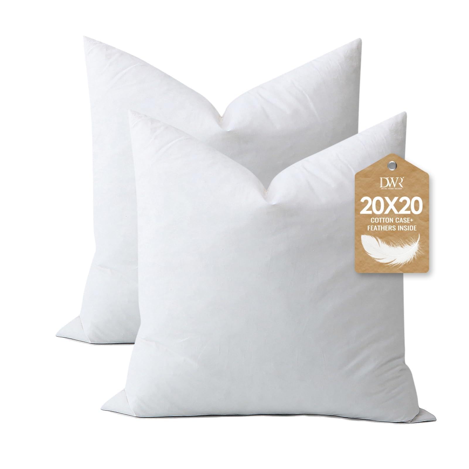 DWR feather down pillow inserts 20x20 front view with plush loft and clean cotton cover.