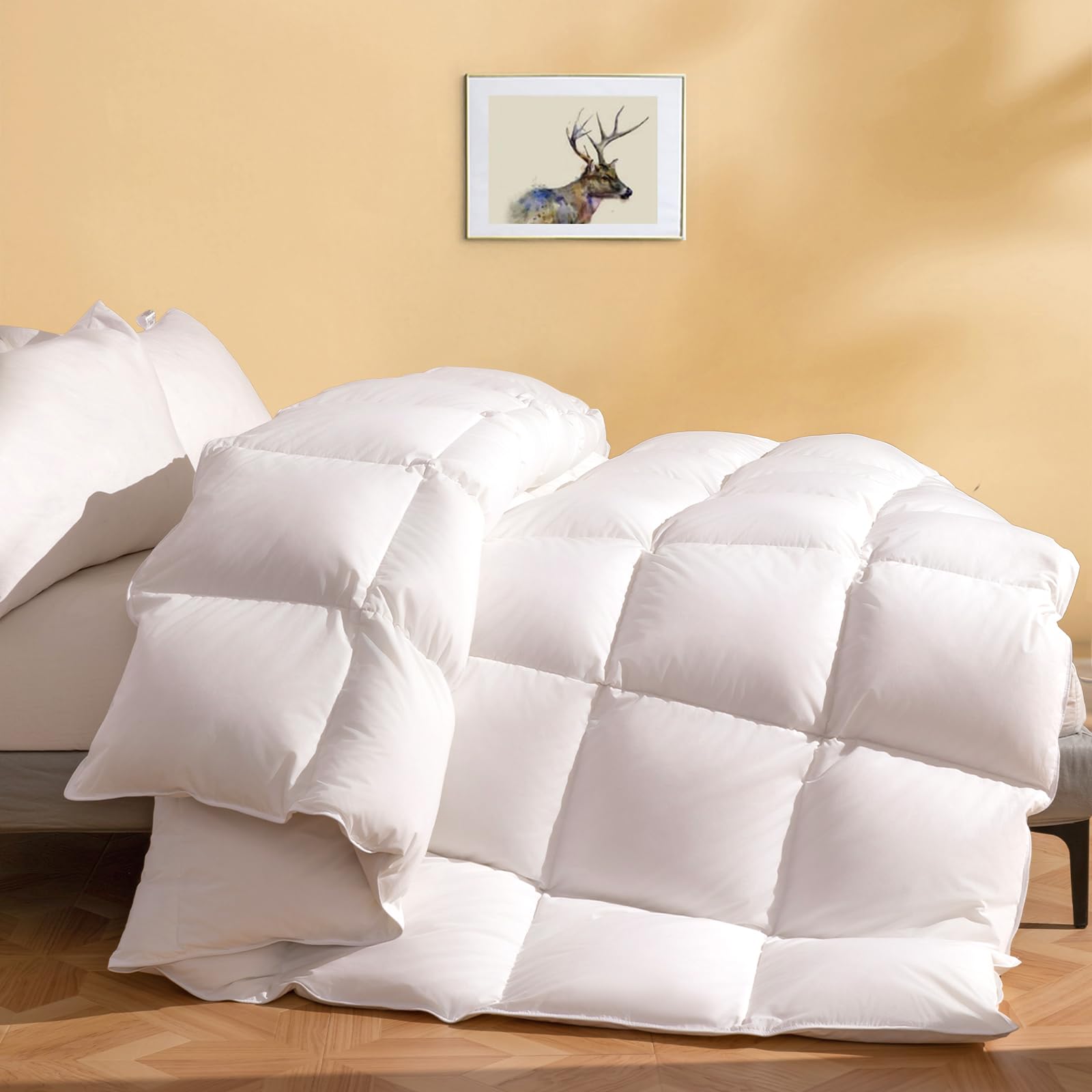 DWR luxury down fiber comforter king on bed with cloudlike warmth.