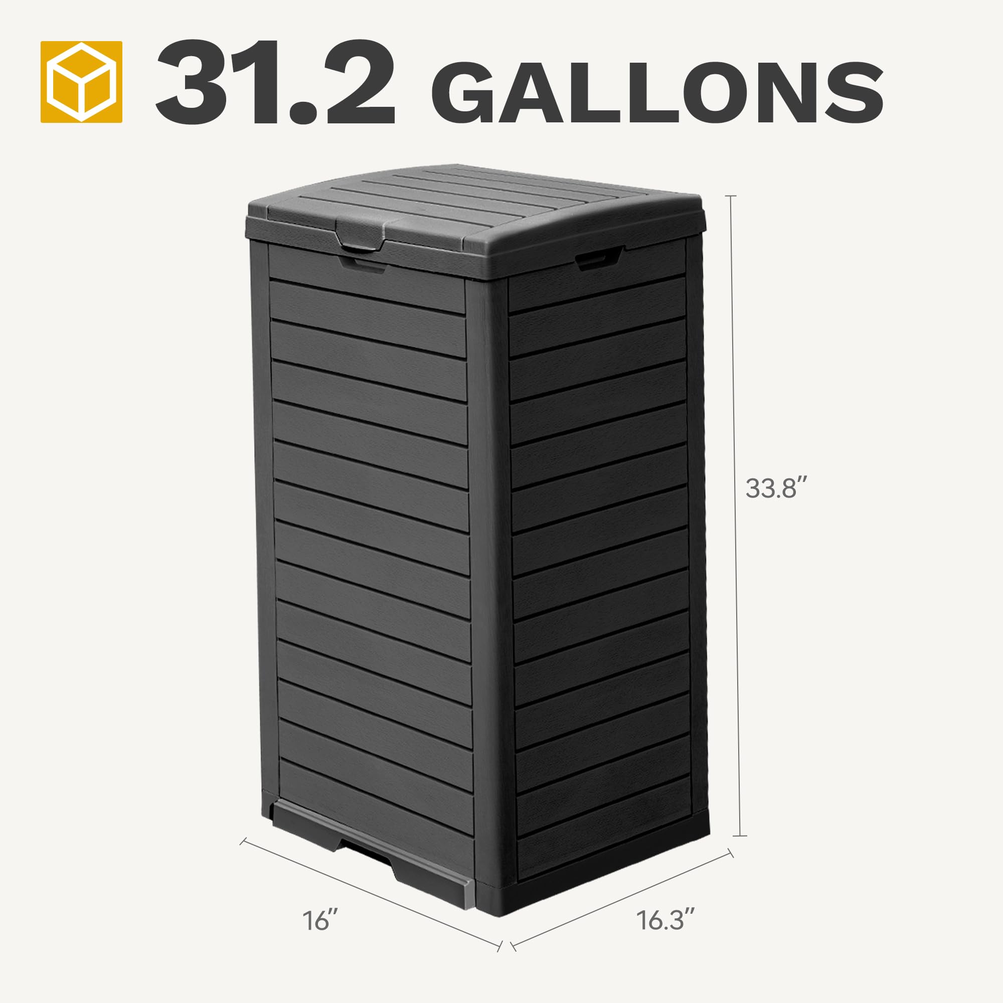 DWVO deck-friendly trash can with lid offers simple bag concealment.