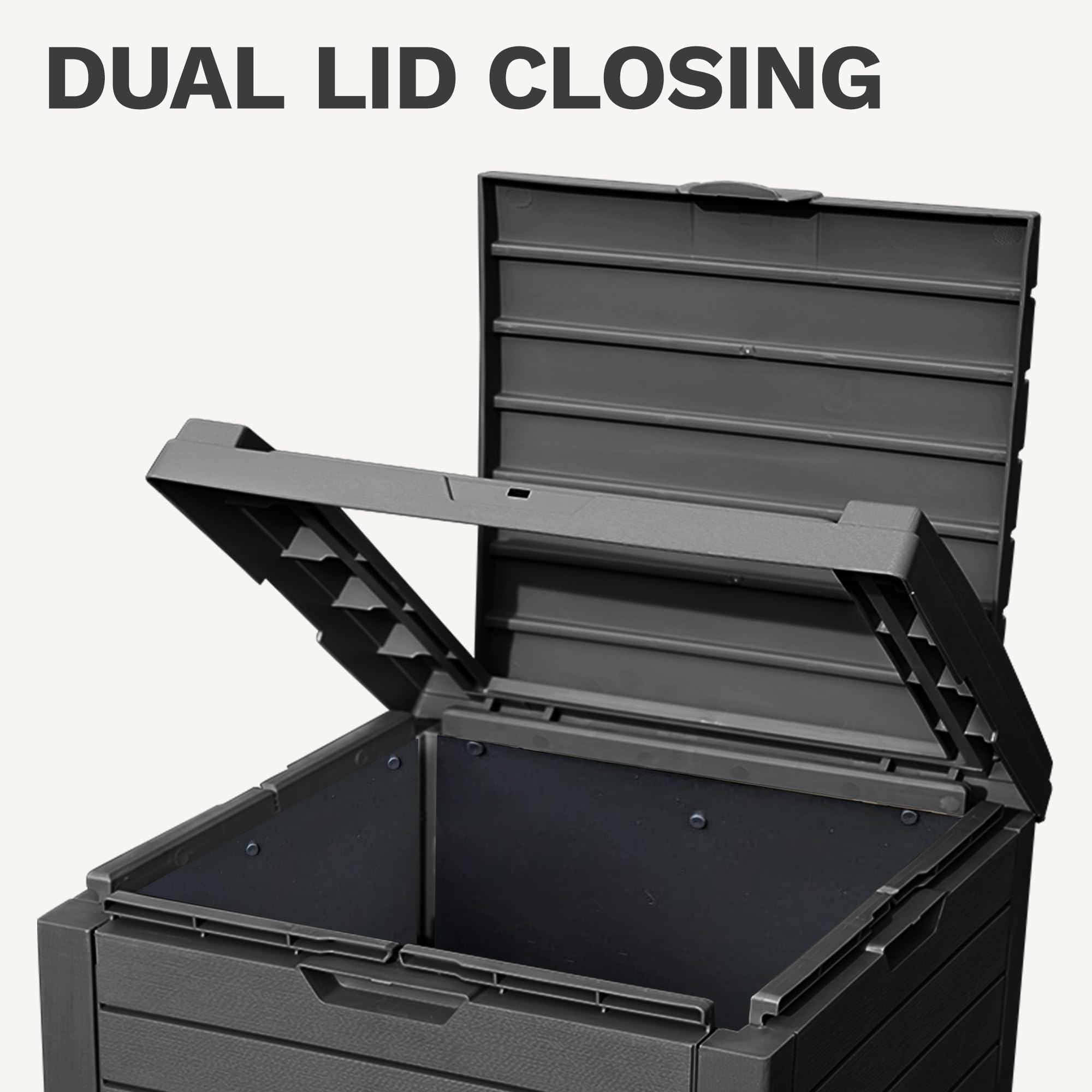 DWVO resin trash can texture emphasizes weatherproof durability for outdoors.