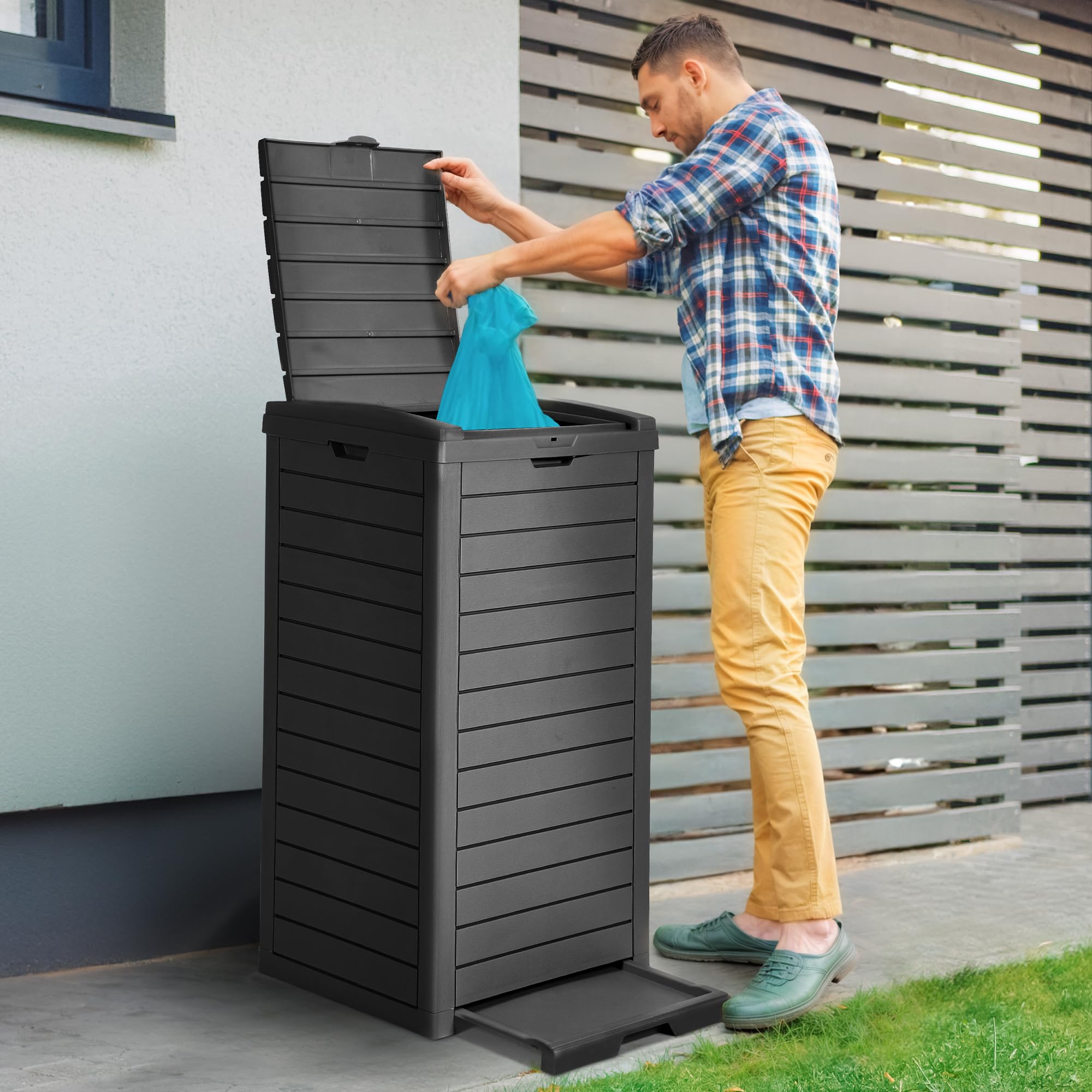 DWVO 38-gallon outdoor trash can with double lid ensures discreet waste.