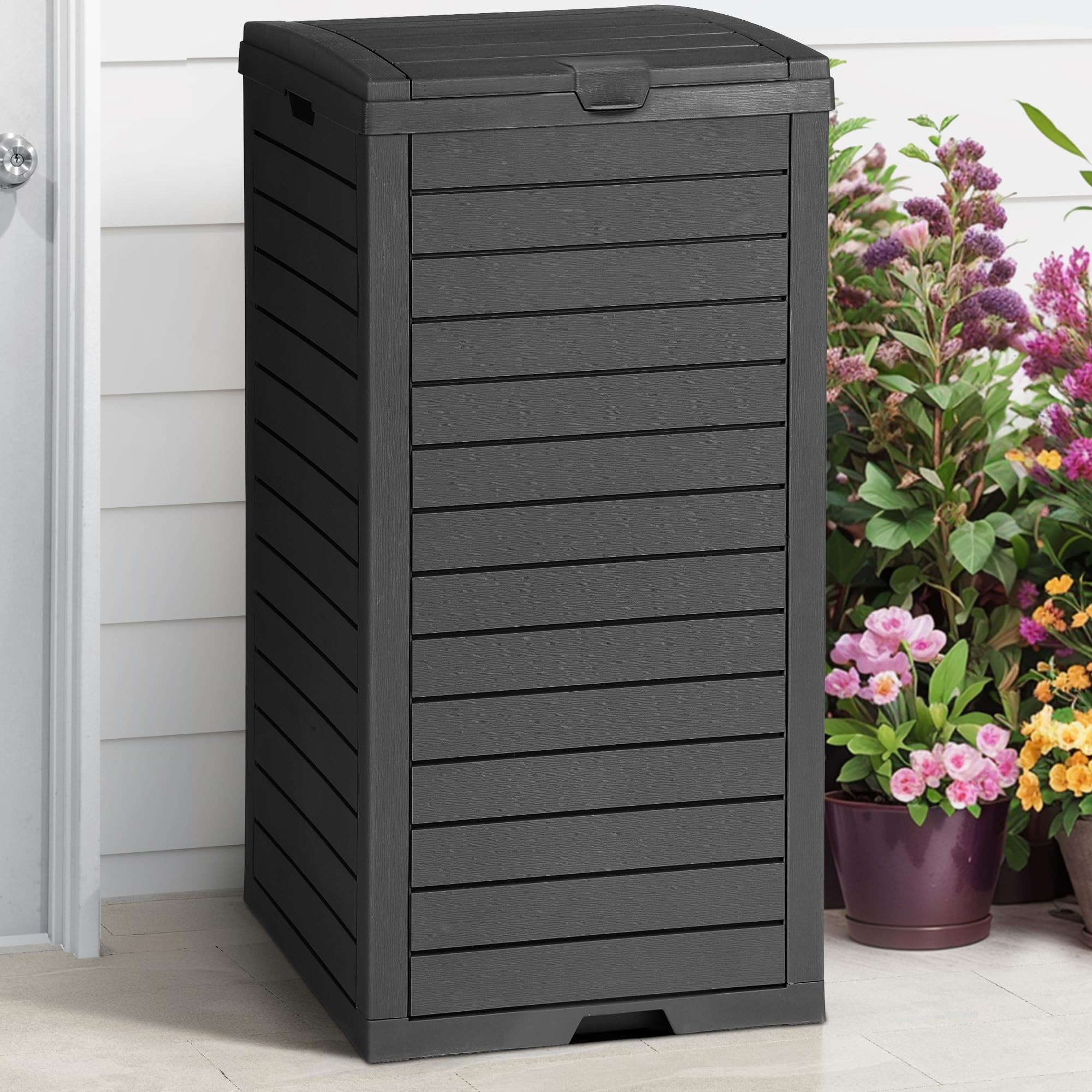 DWVO 38-gallon outdoor trash can with lid for tidy porch storage.