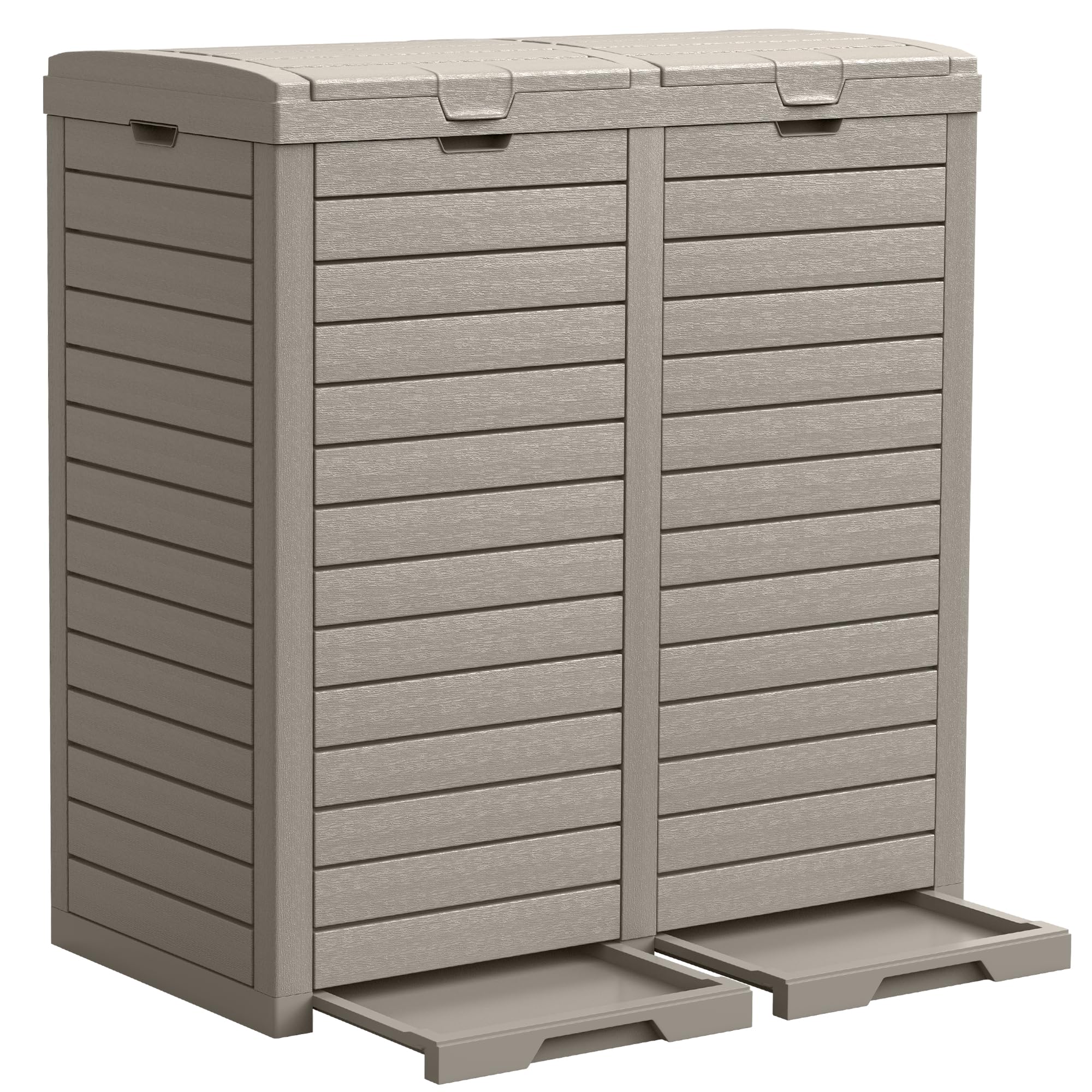 DWVO 76-gallon outdoor trash bin with dual lid enables easy waste disposal.
