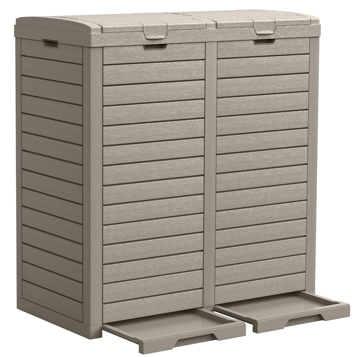 DWVO 76-gallon outdoor trash bin with dual lid enables easy waste disposal.