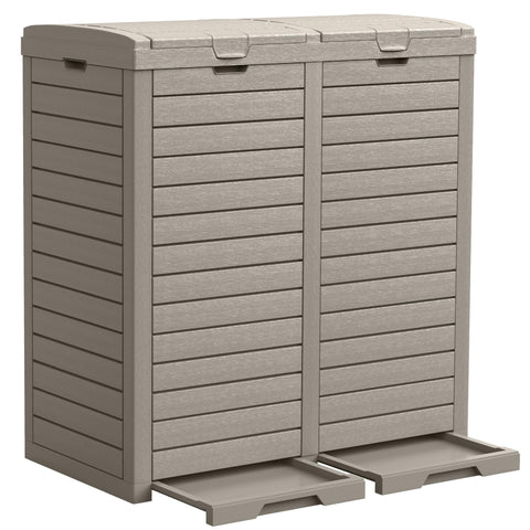 DWVO 76-gallon outdoor trash bin with dual lid enables easy waste disposal.