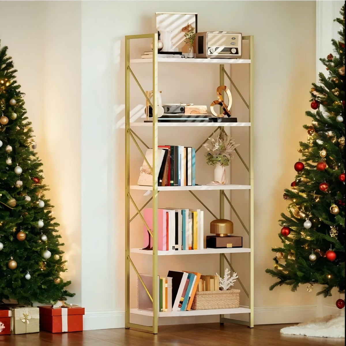 DWVO Gold Bookshelf with five-tier design, organized storage for living rooms and displays