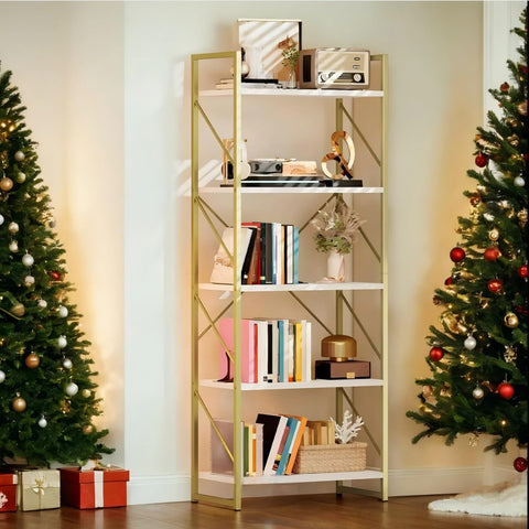 DWVO Gold Bookshelf with five-tier design, organized storage for living rooms and displays