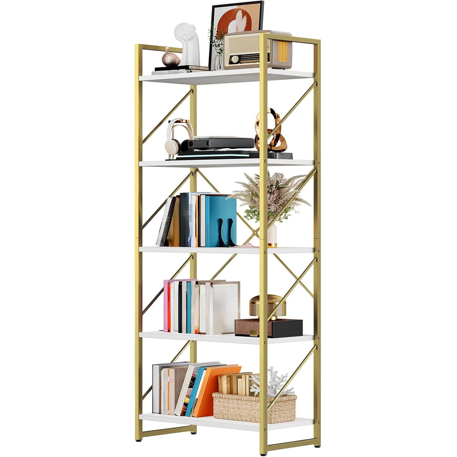 DWVO Gold Bookshelf organizes documents and décor in a stylish home office