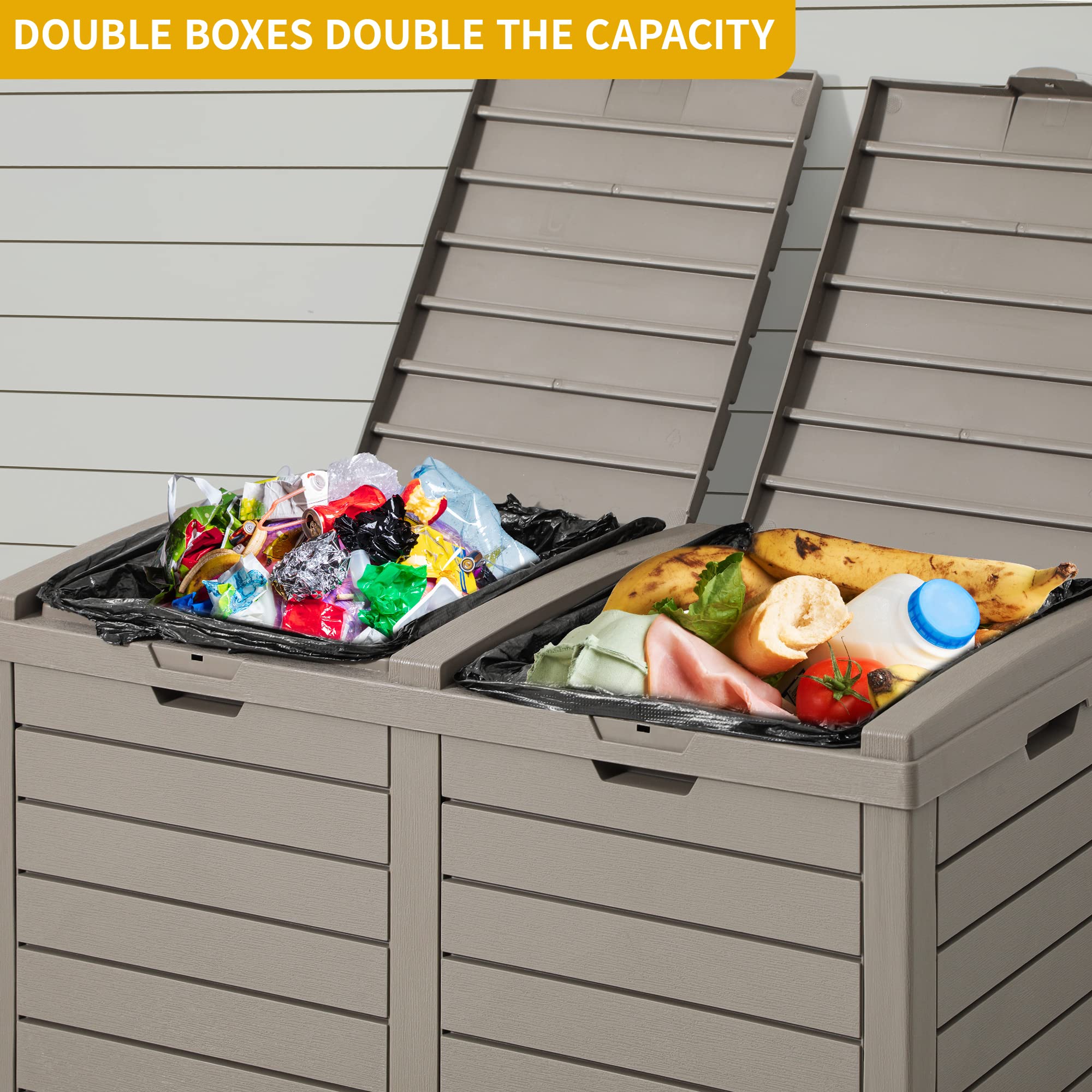 DWVO outdoor resin bin taupe striped design blends with any yard.