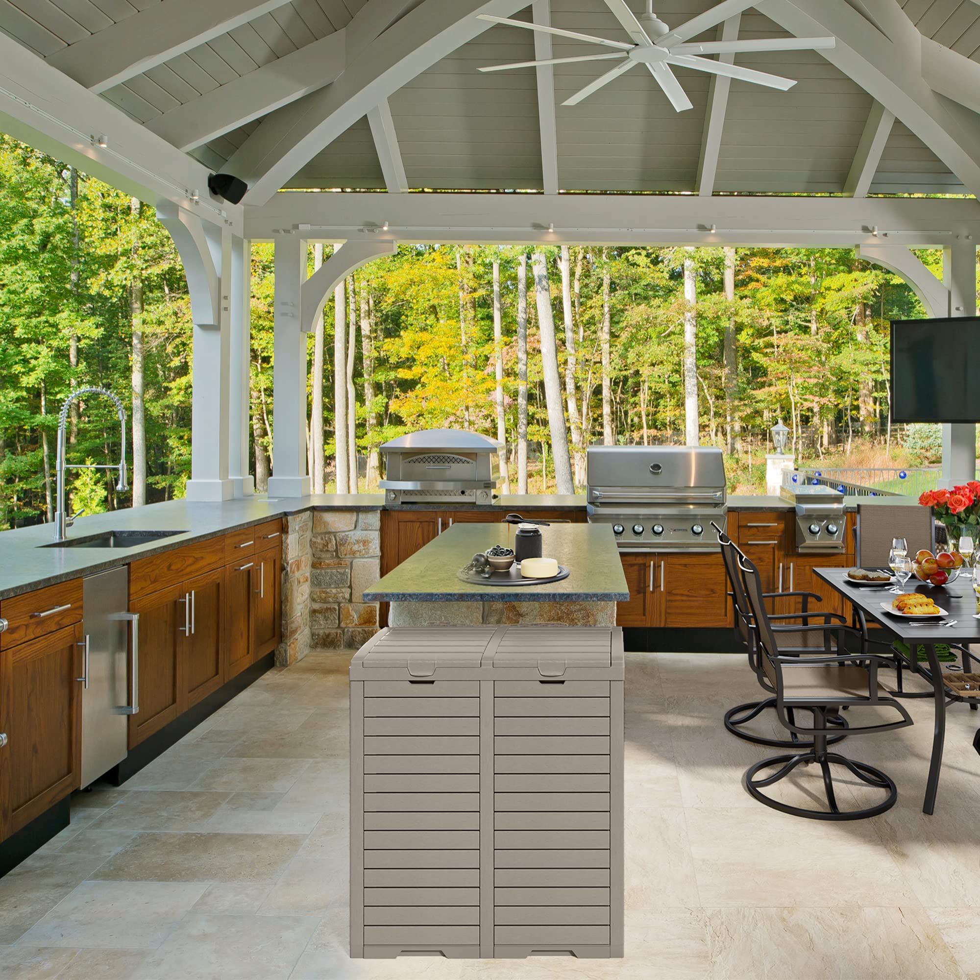 DWVO trash bin with movable handle eases repositioning on decks.