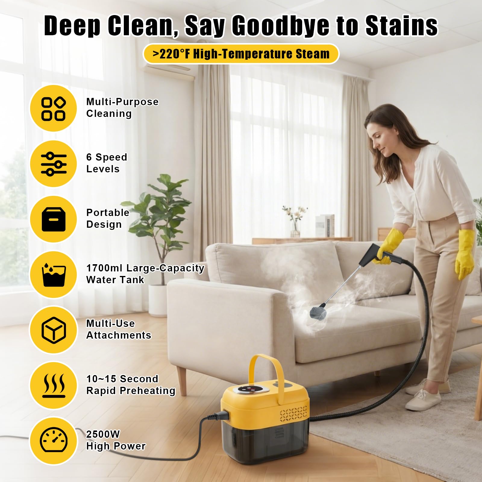 DXD handheld steam cleaner with 1700ml tank visible for extended sessions.