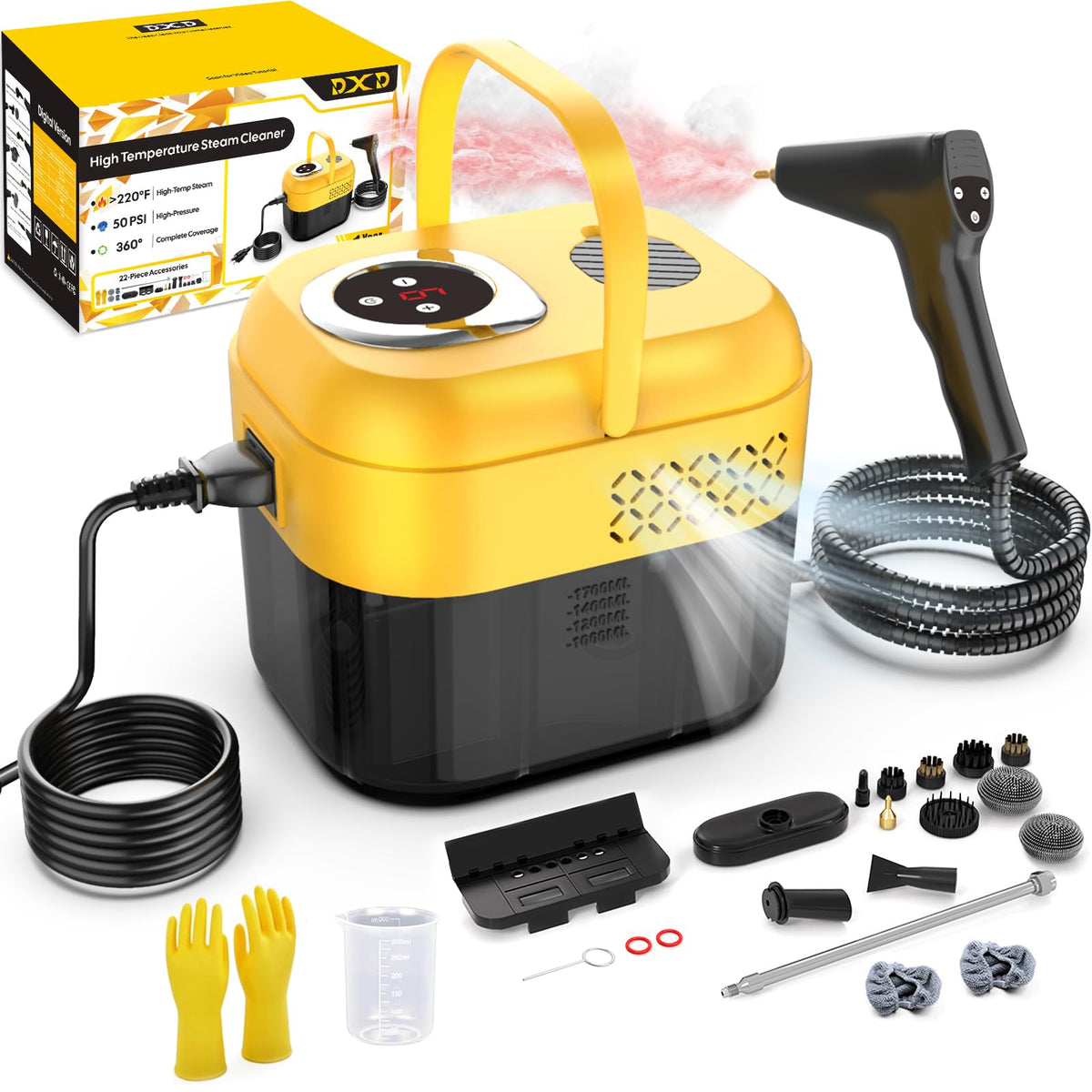 DXD handheld steam cleaner demonstrates rapid heat for fast cleaning.