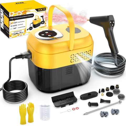 DXD handheld steam cleaner demonstrates rapid heat for fast cleaning.