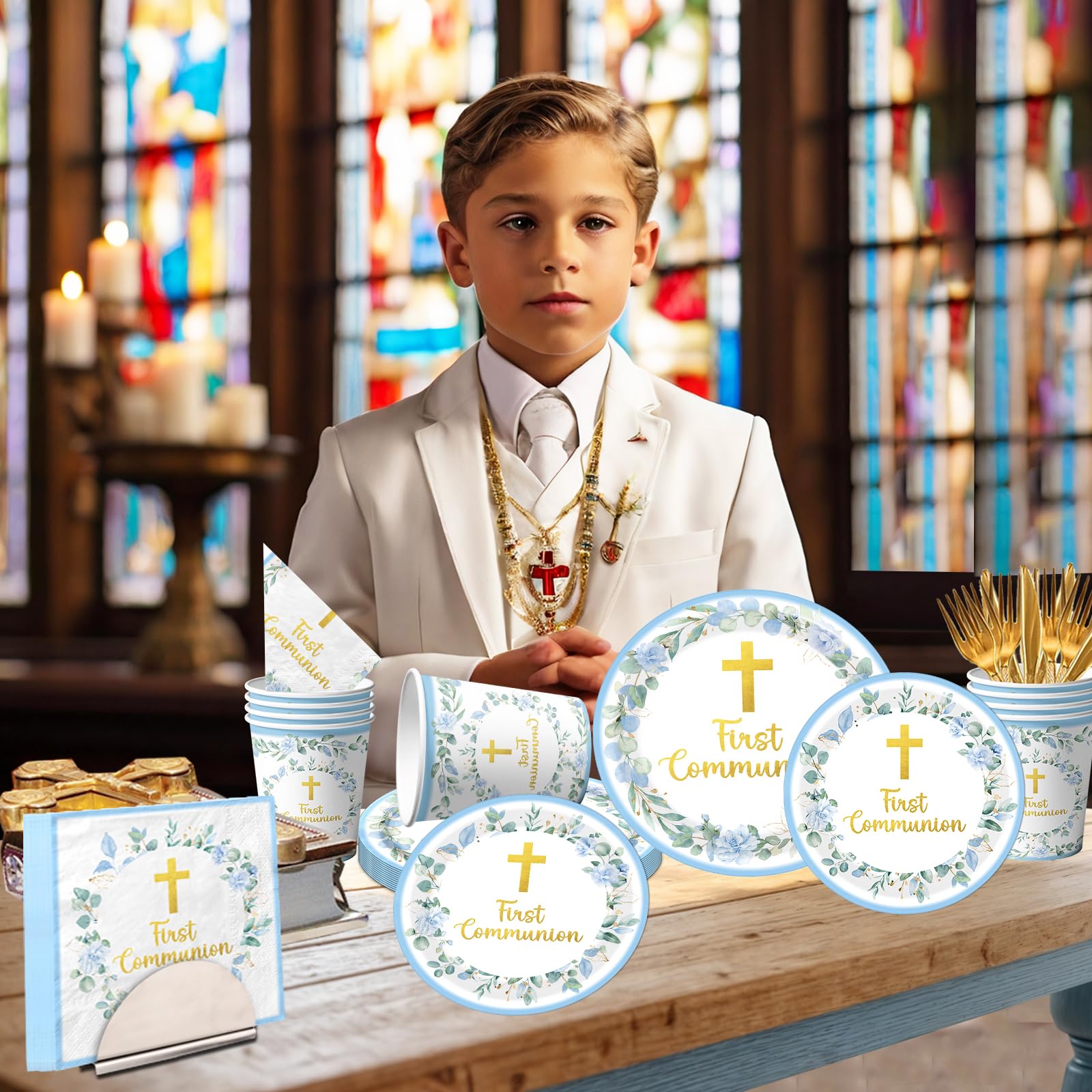 Dydamud blue dessert plates 7-inch for First Communion, coordinating the theme