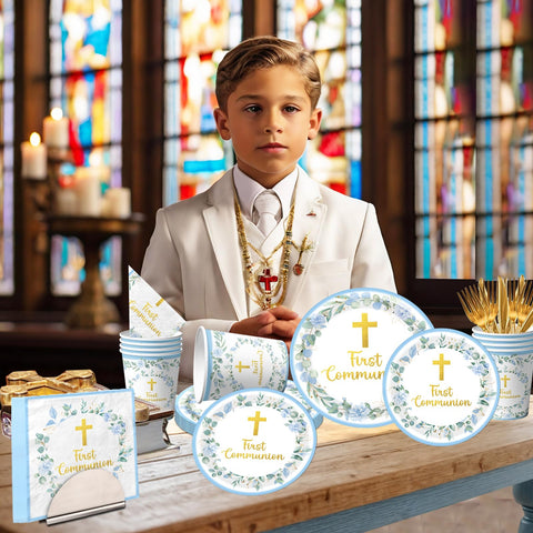 Dydamud blue dessert plates 7-inch for First Communion, coordinating the theme