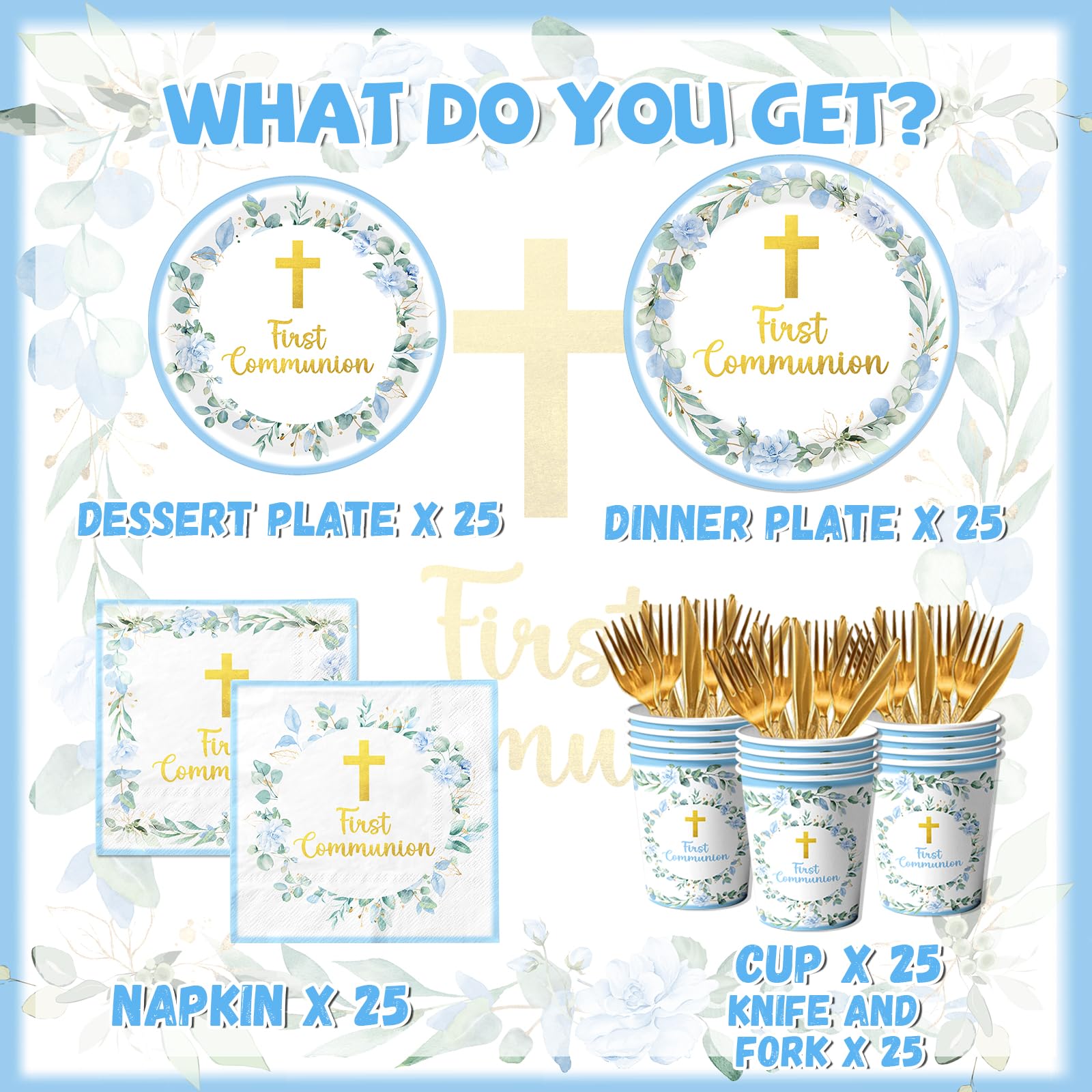 Dydamud blue First Communion table set, ideal for a coordinated celebration