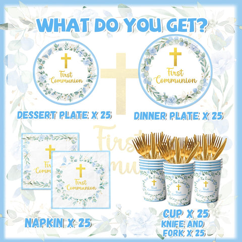 Dydamud blue First Communion table set, ideal for a coordinated celebration