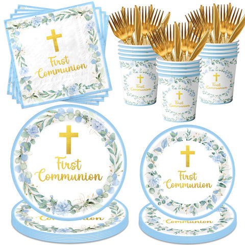 Dydamud blue First Communion plates for sacred celebration and easy cleanup