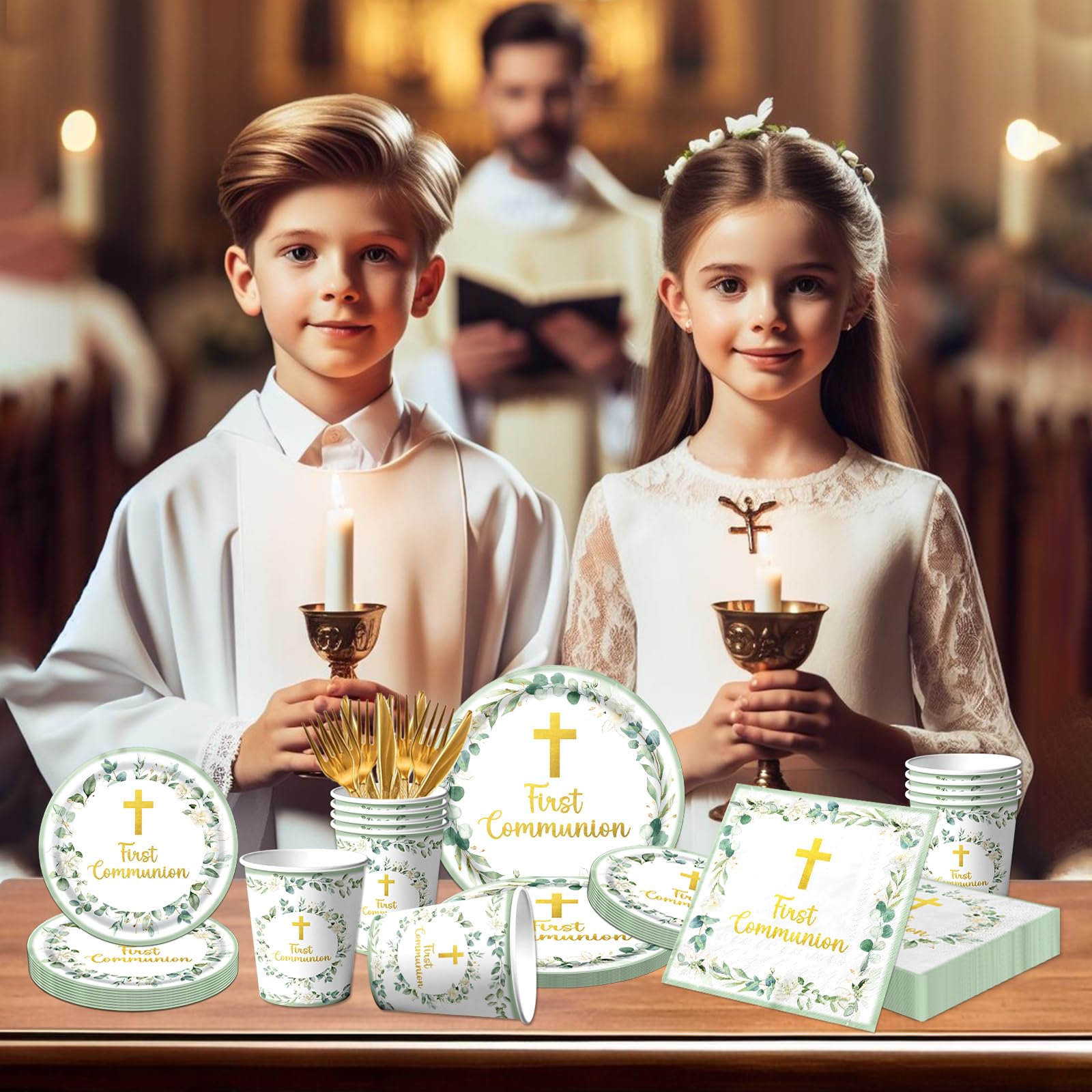 Dydamud green 7in dessert plates for first communion, ideal for serving small treats.