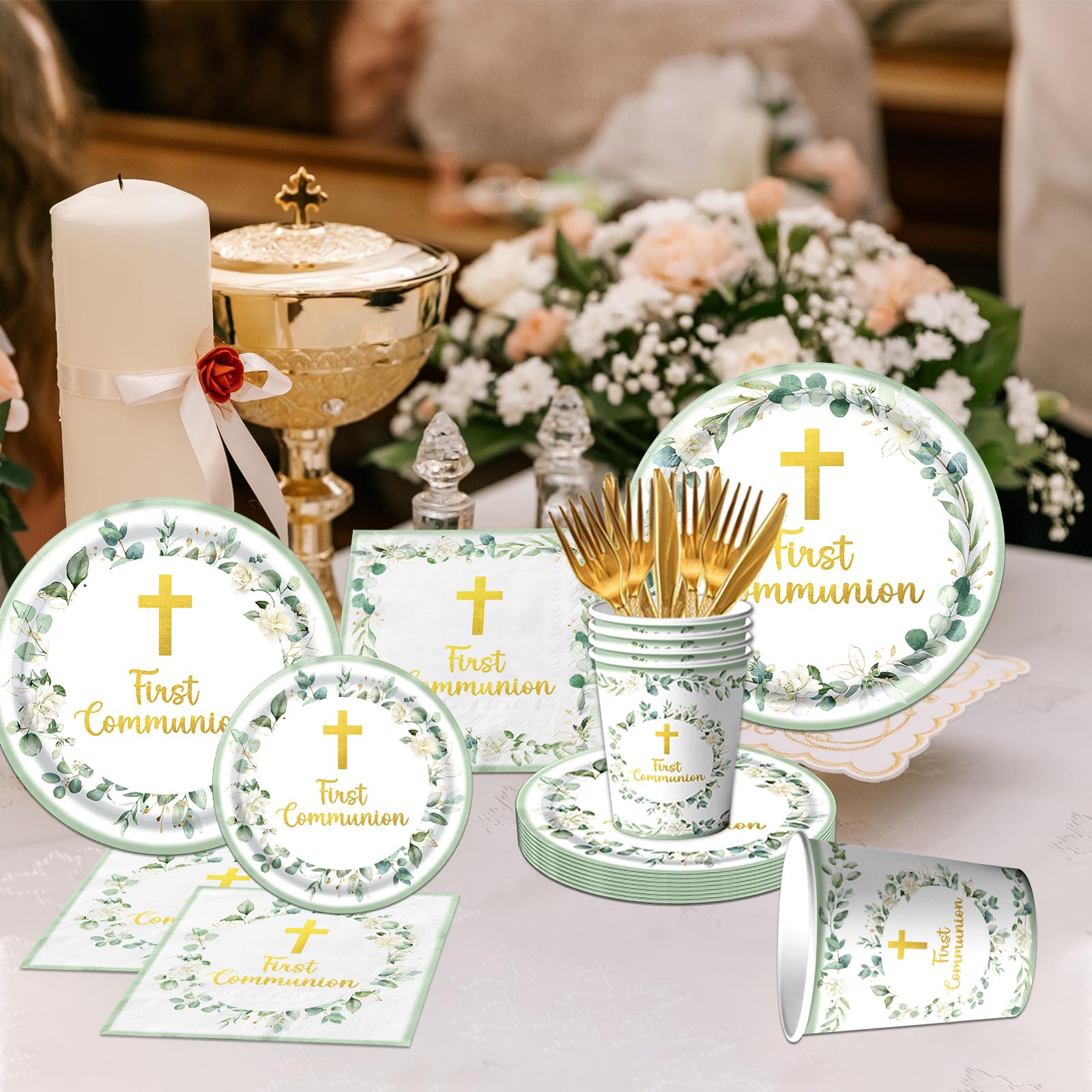 Dydamud green napkins for first communion, adds tidy, festive table finishing touch.