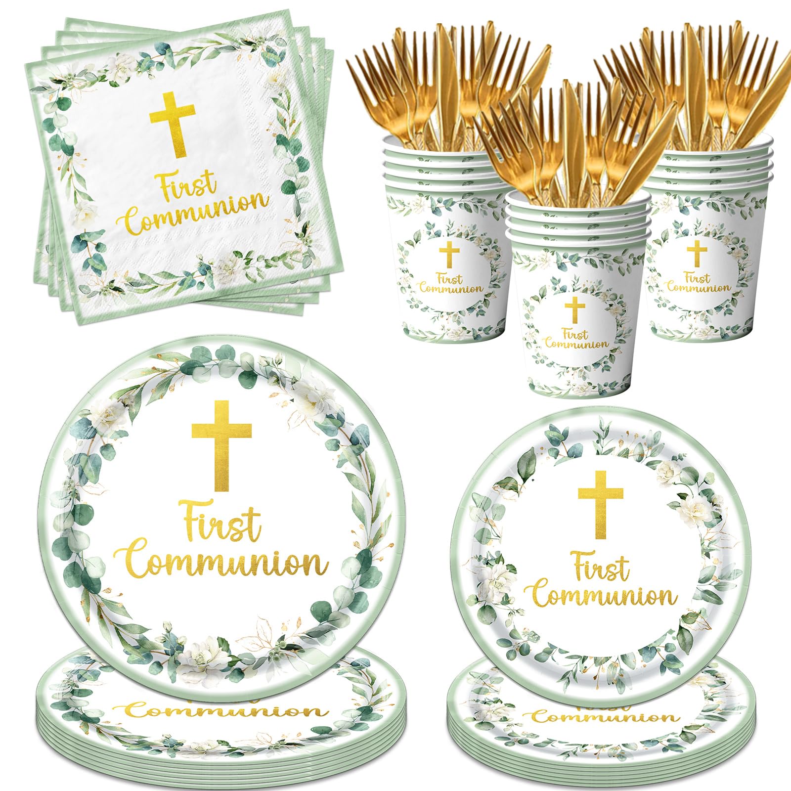 Dydamud green 9in plates for first communion, creating a coordinated ceremony table.