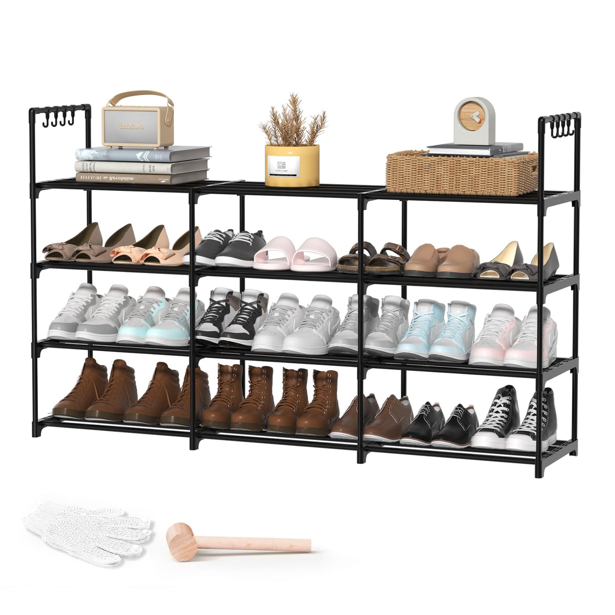 DYJIEKAI shoe rack with three rows and four tiers in black metal for organized footwear storage.