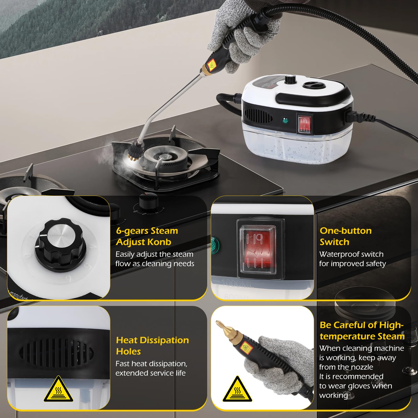 Dyna-Living steam cleaner 6-gear knob for adjustable steam output.