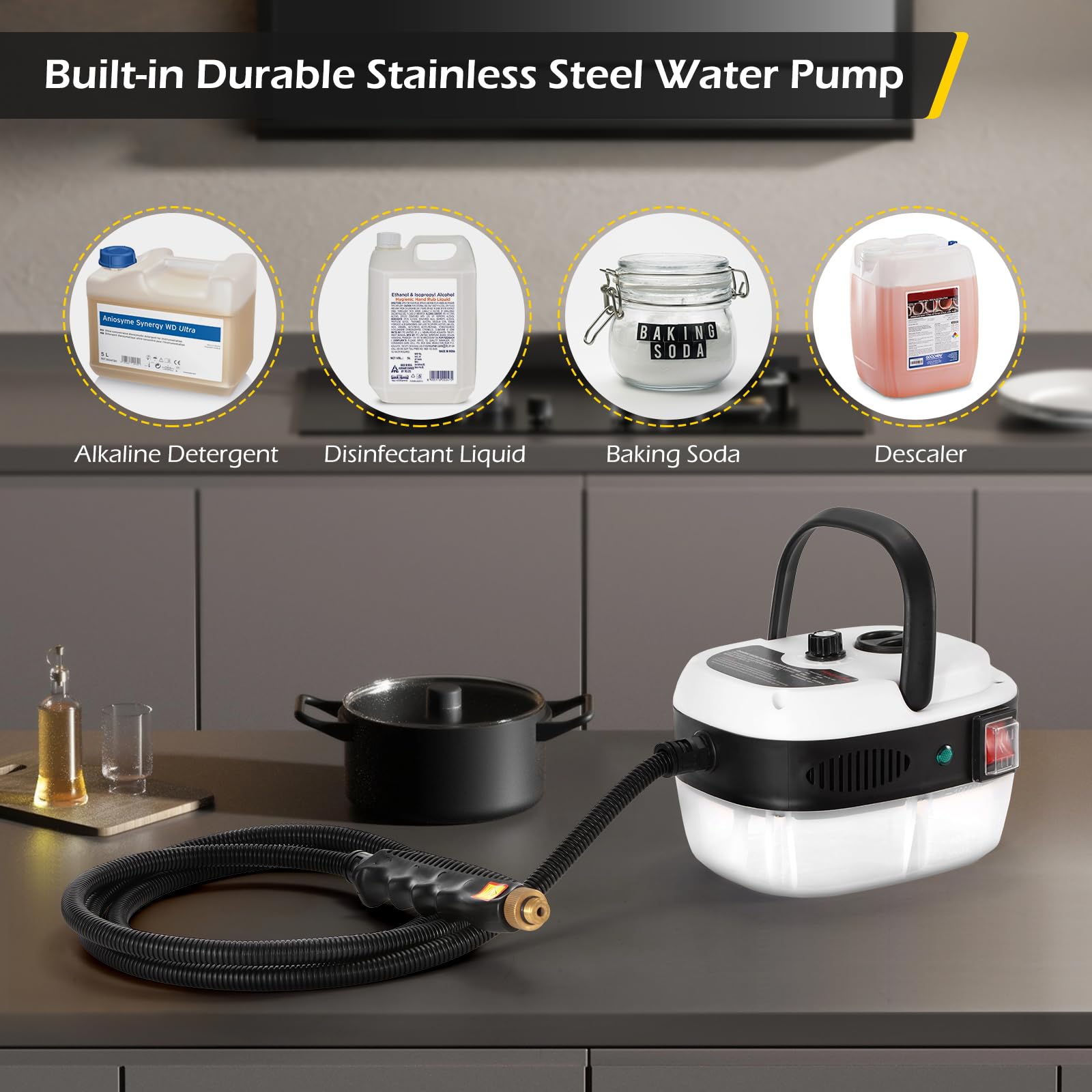 Dyna-Living steam cleaner attachment bundle includes brushes and nozzles.