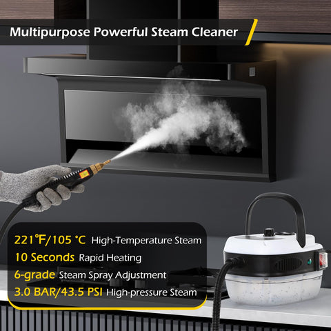 Dyna-Living steam cleaner with 1L water tank enables longer cleaning sessions.