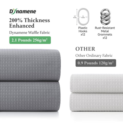 Dynamene shower-curtain with 10 hooks enables quick, secure installation.