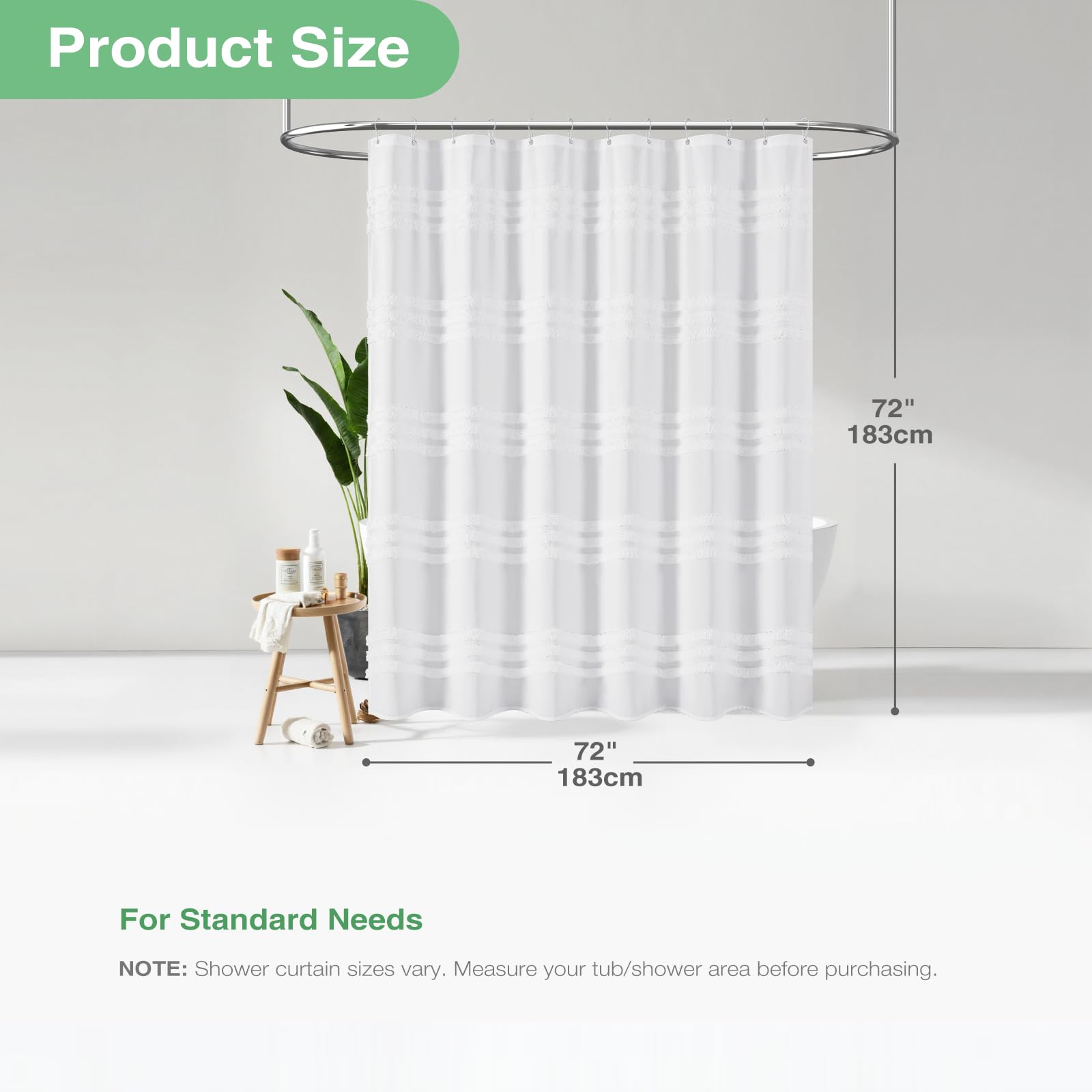 72x72 size compatible with standard showers and includes hooks.
