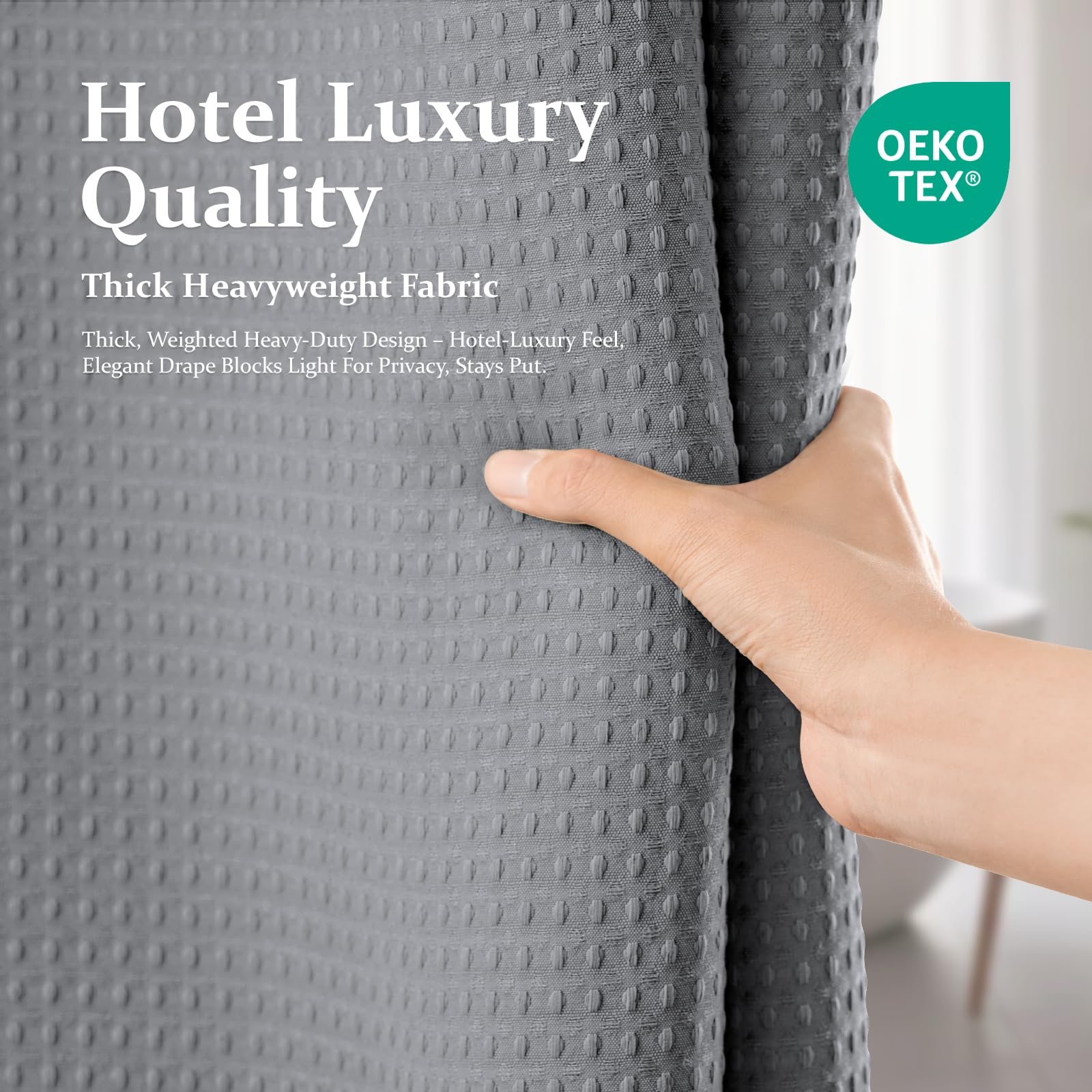 Dynamene grey bathroom setting demonstrates versatile decor for home or hotel.