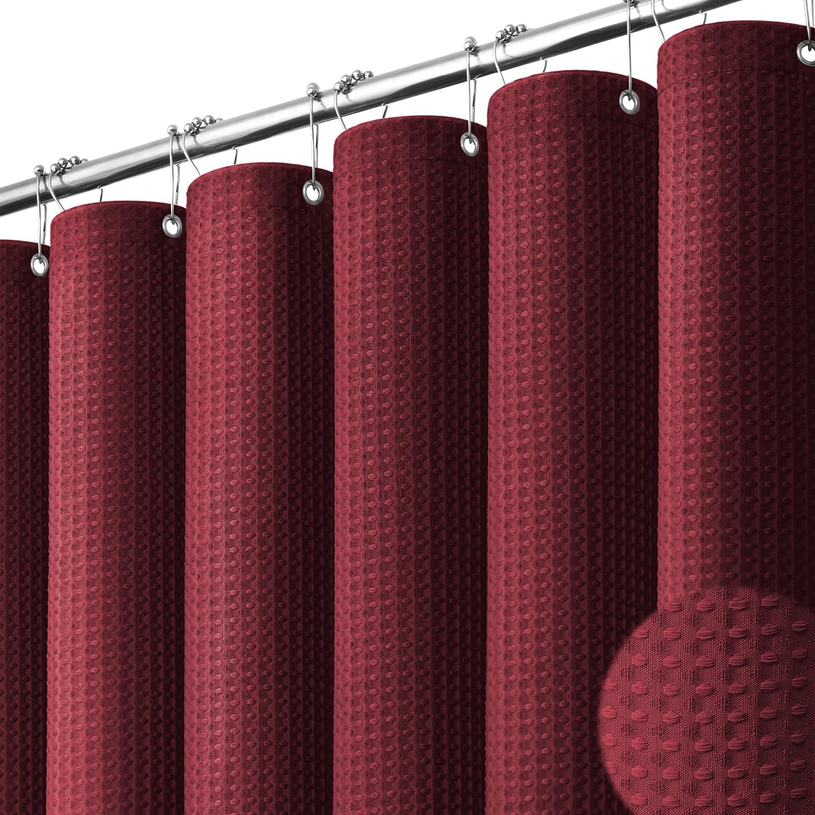 Dynamene Burgundy waffle texture curtain highlights premium fabric for a luxurious bathroom.