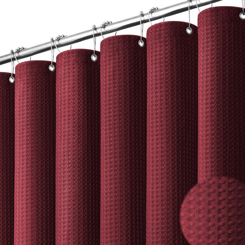 Dynamene Burgundy waffle texture curtain highlights premium fabric for a luxurious bathroom.