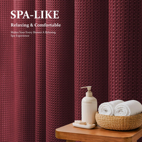 Dynamene Burgundy weighted-hem curtain demonstrates strong drape for privacy.