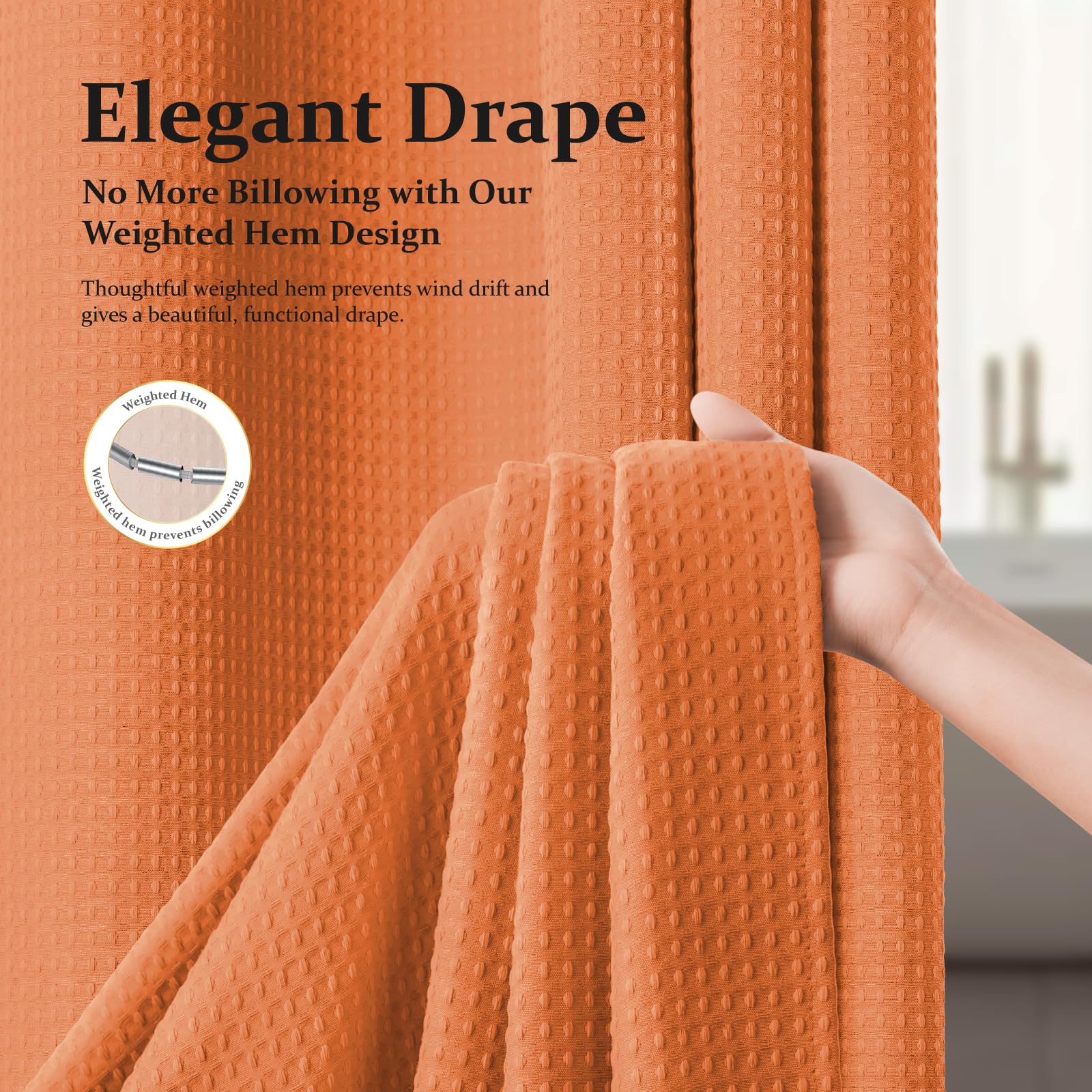 Dynamene Burnt Orange weighted hem keeps the curtain from billowing.