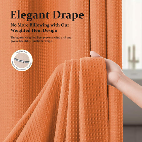 Dynamene Burnt Orange weighted hem keeps the curtain from billowing.