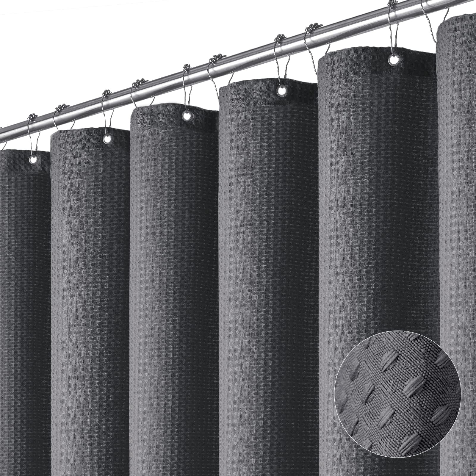Dynamene Charcoal Grey shower curtain with waffle weave close-up showing premium texture and durability.