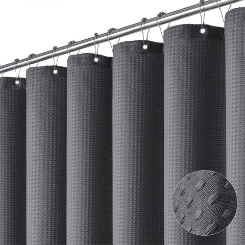 Dynamene Charcoal Grey shower curtain with waffle weave close-up showing premium texture and durability.
