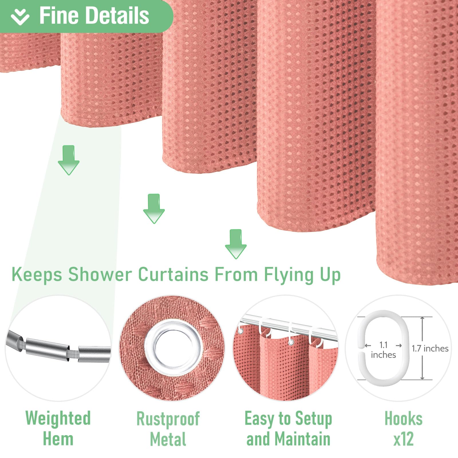 Includes 12 rust-resistant grommets and 12 plastic hooks for quick install