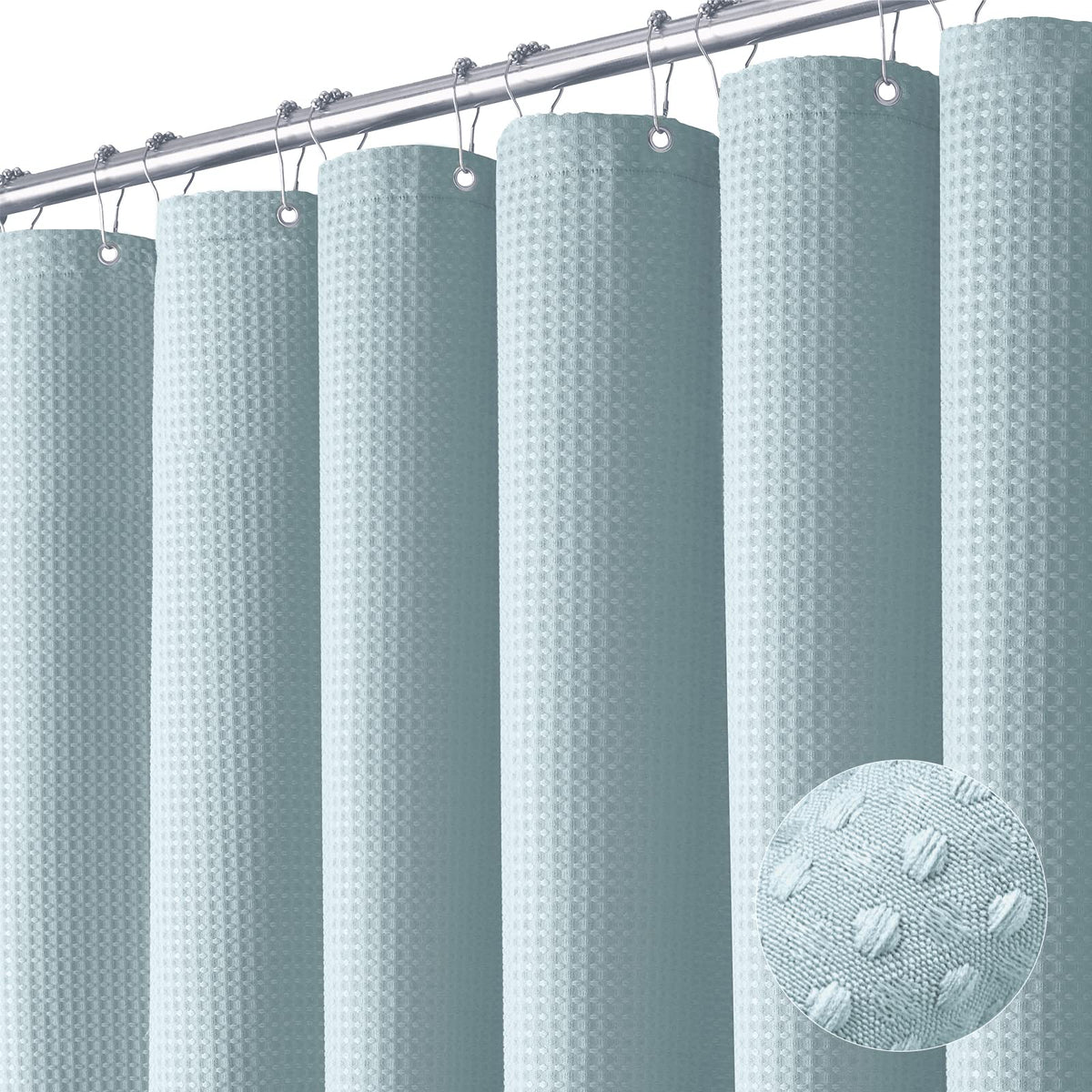 Dynamene fog blue curtain with waffle weave for durable privacy.