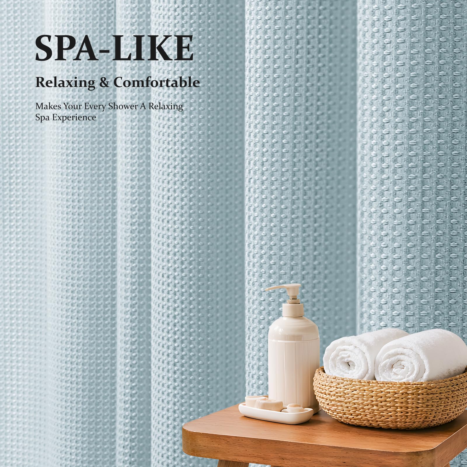 Dynamene Fog Blue curtain with waffle weave highlights luxury spa-inspired bathroom ambience.