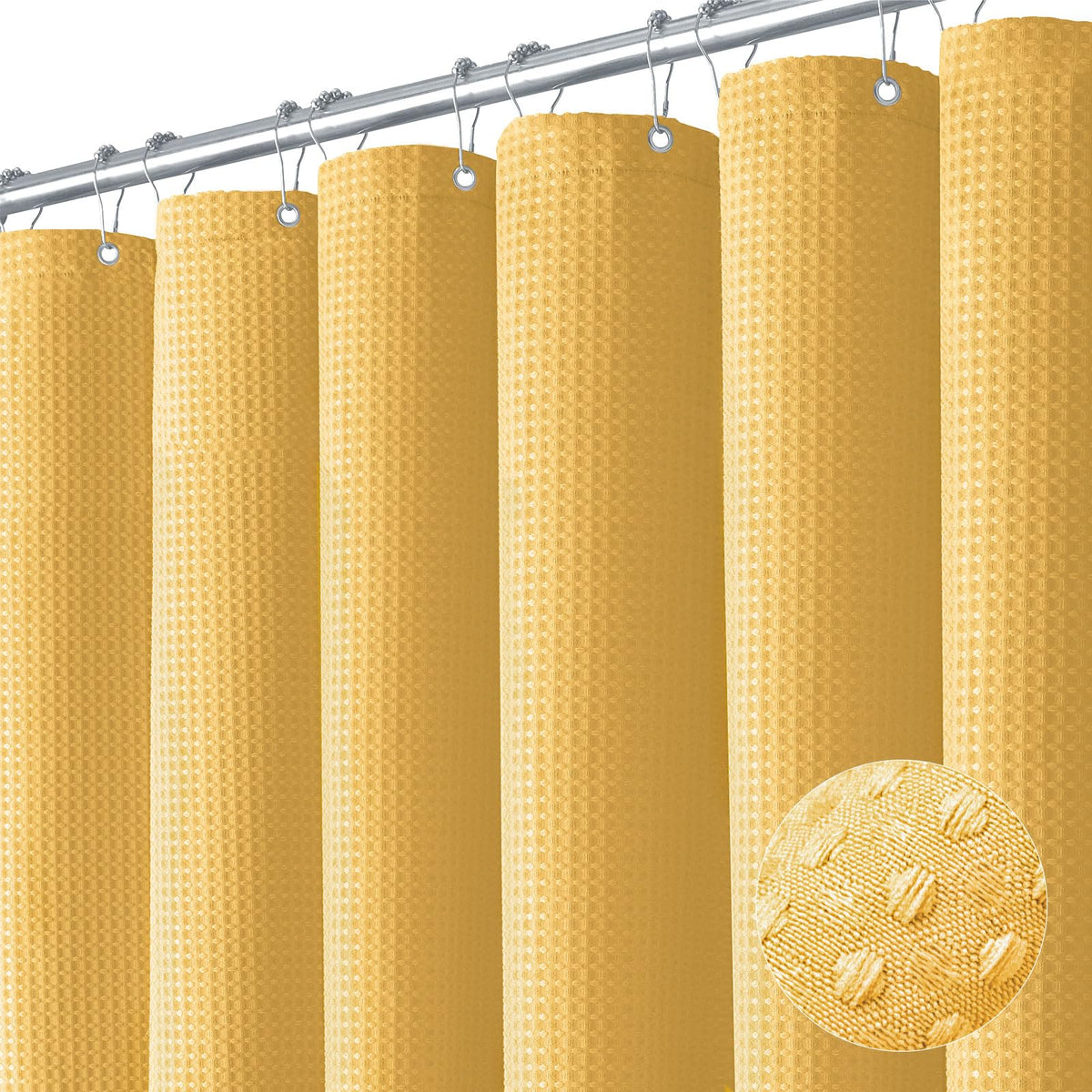 Dynamene Gold waffle curtain texture showing luxurious fabric and durability for bathrooms