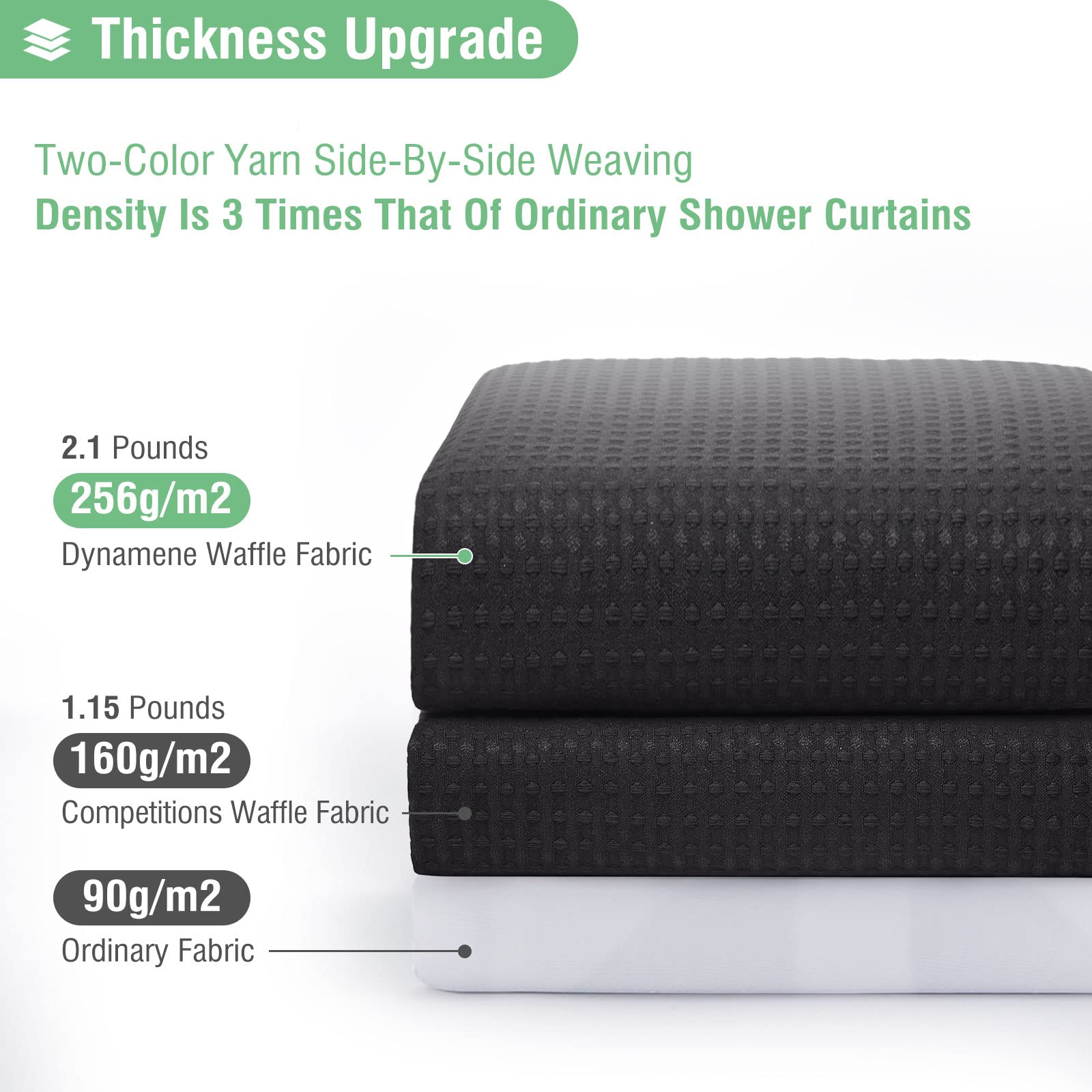 Dynamene heavyweight fabric shower curtain with 12 rust-resistant hooks included.