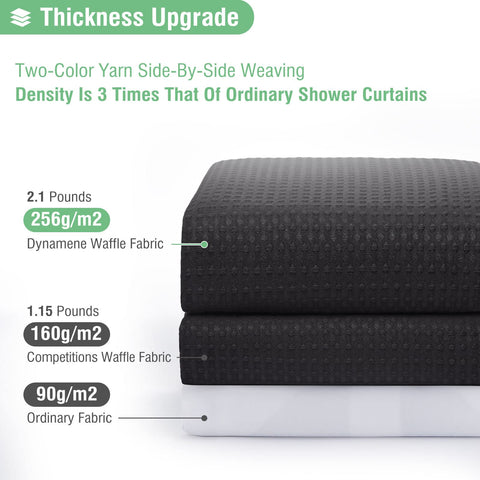 Dynamene heavyweight fabric shower curtain with 12 rust-resistant hooks included.